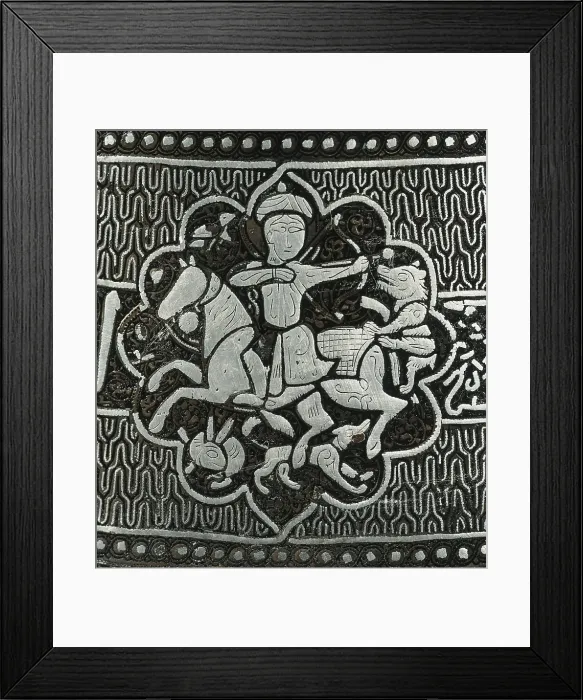Framed Print : Candelabrum. 13th c. Detail with a hunting scene. Made silver and copper. Islamic art. Jewelry. EGYPT. Cairo. Museum of Islamic Arts