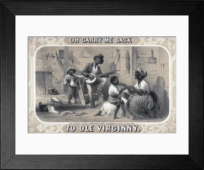 Framed Print : Tobacco package label showing African American banjo player, woman, and children in cabin Framed Print : Tobacco package label showing African American banjo player, woman, and children in cabin