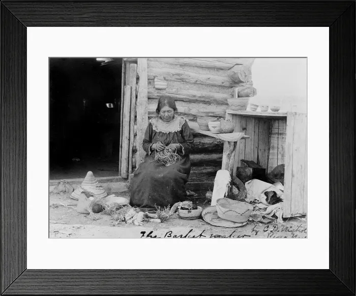 Framed Print : American Indian woman making a basket, original title: The basket maker Reno, Nevada, photograph by C.D. Nichols, November 2, 1904