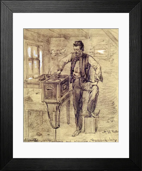 Framed Print : The Civil War. Signal Telegraph Machine and operator - Fredericksburg, Va. Pencil drawing by Alfred Waud, Dec. 1862