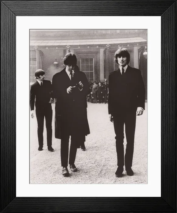 Framed Print : The Beatles at Buckingham Palace after receiving the award as Knights of the British Empire (1965). From left to right, Ringo Starr, Paul McCartney and George Harrison Framed Print : The Beatles at Buckingham Palace after receiving the award as Knights of the British Empire (1965). From left to right, Ringo Starr, Paul McCartney and George Harrison