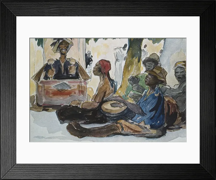 Framed Print : ALLARD L'OLIVIER, Fernand (1883-1933). Colonial Africa. Belgian Congo (1908-1960). Kabinda village orchestra. 1926. Watercolour