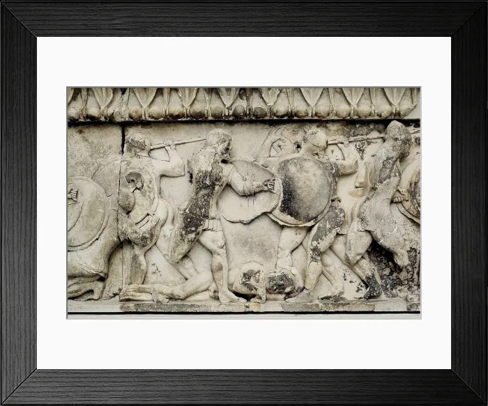 Framed Print : Pediment and frieze from the treasury of the Siphnians. ca. 525 BC. Detail of the frieze. Scene from the war between Greeks and Trojans. Archaic Greek art. Relief on marble