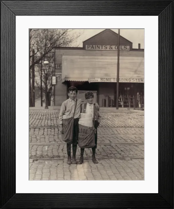 Framed Print : Two newsboys, from original caption: The boy with bag, nicknamed Turk, said he was going to Texas soon