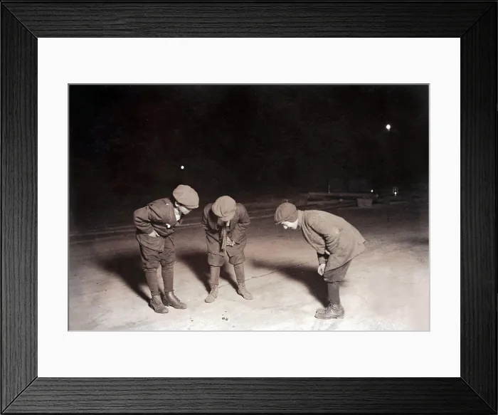 Framed Print : Children playing a dice game, from original caption: A midnight crap game in the street near Post Office, Providence, R.I. Nov 23, 1912. One 12 years old, one 14