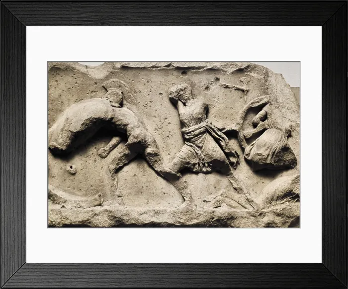 Framed Print : Fight between Amazons and Greeks. 4th c. BC. Hellenistic art. Relief. UNITED KINGDOM. London. The British Museum. Proc: TURKEY. Bodrum. Halicarnassus. Mausoleum at Halicarnassus
