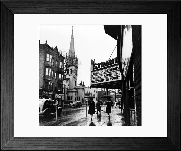 Framed Print : Main Street. The marquee of the Strand theater, showing LIFE BEGINS FOR HARDY, Amsterdam, New York, photograph by John Collier, October, 1941 Framed Print : Main Street. The marquee of the Strand theater, showing LIFE BEGINS FOR HARDY, Amsterdam, New York, photograph by John Collier, October, 1941
