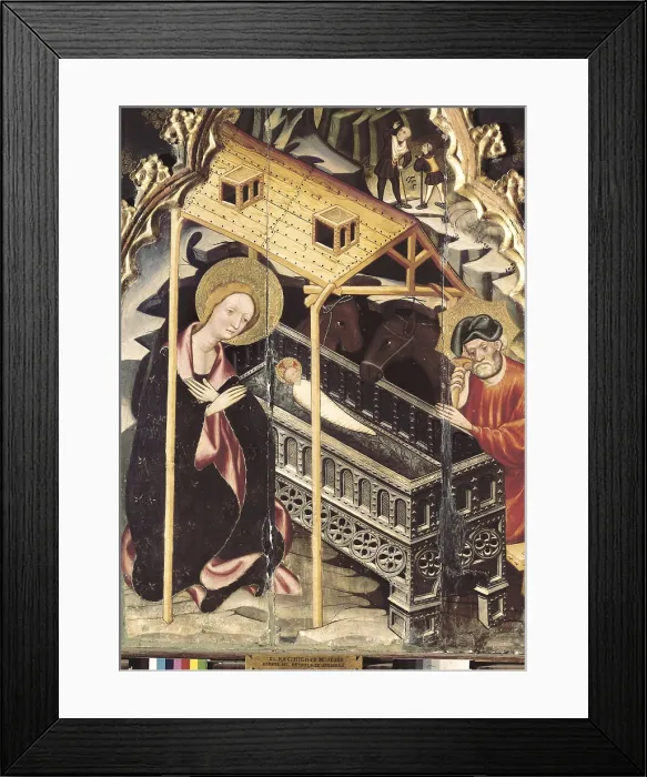 Framed Print : MURRamon de (?-1435). Guimera Altarpiece. 1402-1412. Detail. Scene of Jesus's birth. Gothic art. Tempera on wood. SPAIN. Vic. Vic Episcopal Museum. Proc: SPAIN. Guimer