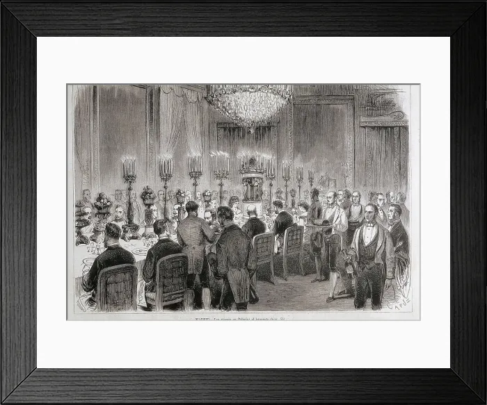 Framed Print : Spain (1872). Banquet in the Royal Palace of Madrid. Engraving. AISA / Everett Collection (52619)**US SALES ONLY** Framed Print : Spain (1872). Banquet in the Royal Palace of Madrid. Engraving. AISA / Everett Collection (52619)**US SALES ONLY**