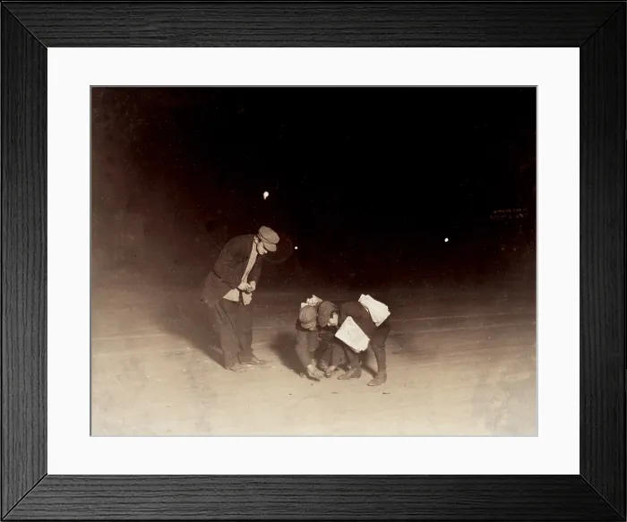 Framed Print : Children playing a dice game, from original caption: Midnight, Newsboys shooting craps near Post Office. Been playing here at craps for an hour