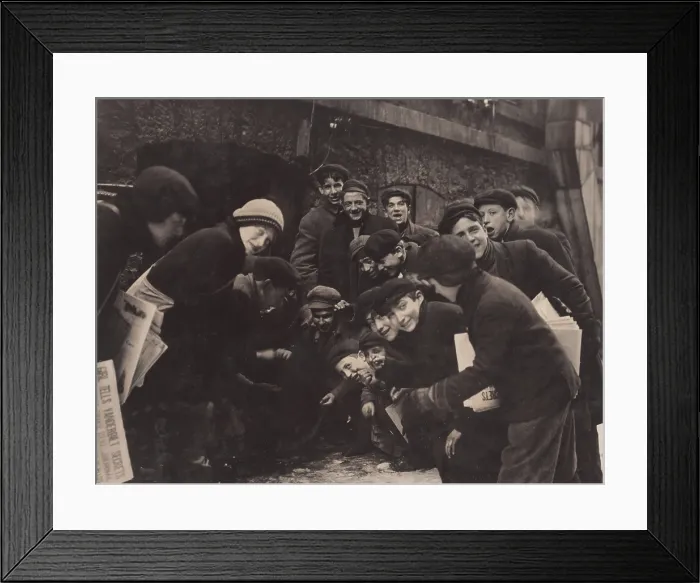 Framed Print : Newsboys playing a dice game, from original caption: A crap game in the paper alley, Rochester, New York, photograph by Lewis Wickes Hine, February, 1910