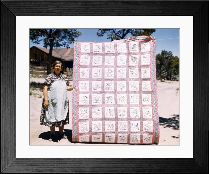 Framed Print : Mrs. Bill Stagg with state quilt that she made, Pie Town, New Mexico. October, 1940. Russel Lee, photographer