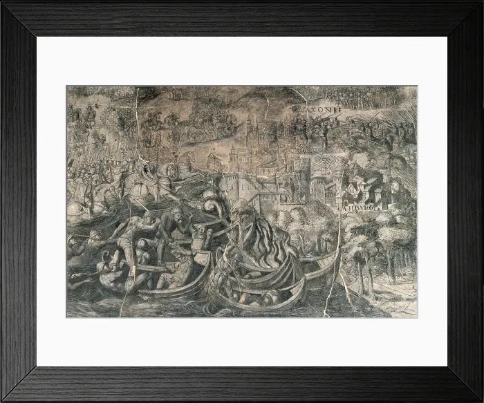 Framed Print : Battle of MUhlberg: Charles V's imperial troops crossing Elbe river. Detail. Gothic art. Fresco. SPAIN. Pamplona. Navarra Museum