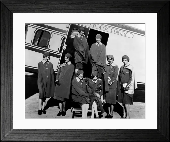 Framed Print : Some of the first stewardesses for United Airlines, known as skygirls, standing next to a Boeing tri-motored plane, 1930. Courtesy: CSU Archives / Everett Collection Framed Print : Some of the first stewardesses for United Airlines, known as skygirls, standing next to a Boeing tri-motored plane, 1930. Courtesy: CSU Archives / Everett Collection