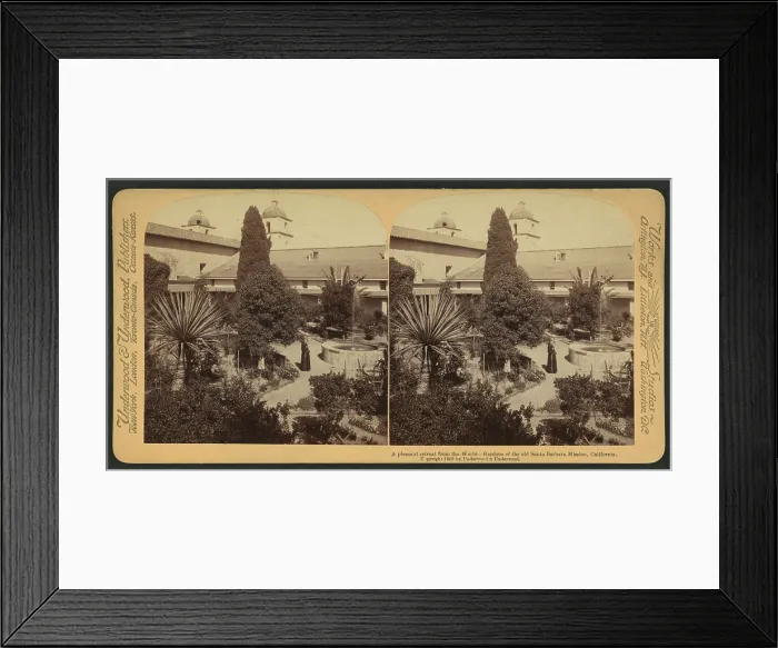 Framed Print : A pleasant retreat from the world - stereoscopic view of gardens of the old Santa Barbara Mission, California, c. 1902