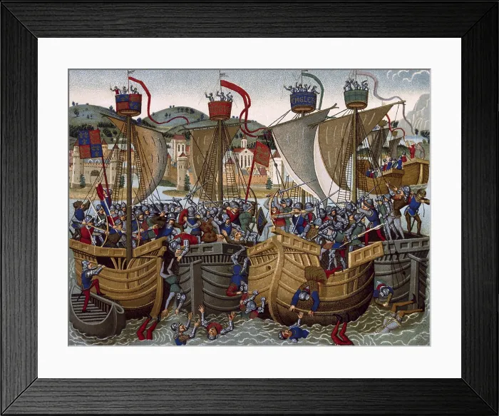 Framed Print : Battle of l'Ecluse, fought in Sluys bay, when the French's fleed was defeated by the English and the Flemish. Beginnin of the the Hundred Years War, 1340
