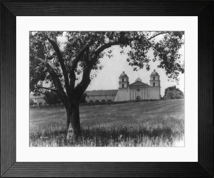 Framed Print : In sleepy Santa Barbara, California. Mission Church in background, c. 1913 Framed Print : In sleepy Santa Barbara, California. Mission Church in background, c. 1913