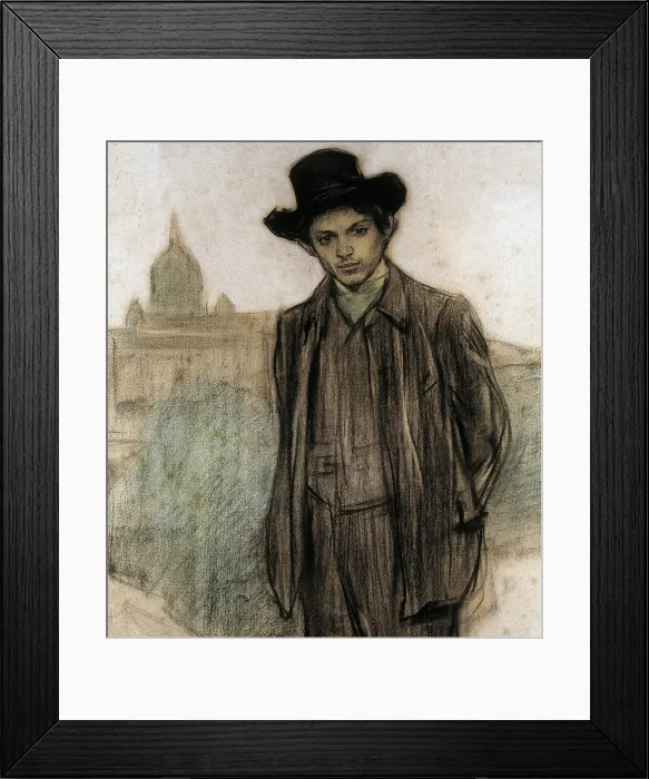 Framed Print : CASAS i CARBO, Ramon (1866-1932). Portrait of Pablo Picasso. 1900. Detail. Charcoal and conte crayon highlighted in pastel. Modernism. Drawing. SPAIN. Barcelona