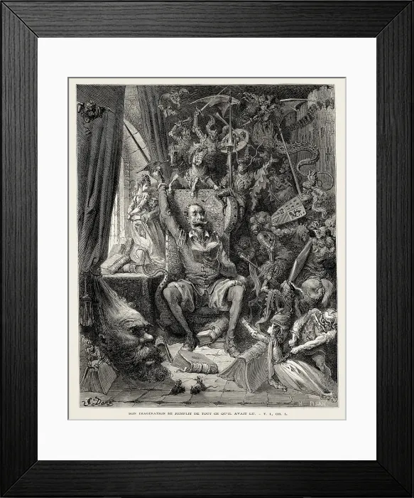 Framed Print : Dore, Paul Gustave (1832-1883). Don Quixote reading chivalresque novels. 1863. Illustration of 'Don Quixote of La Mancha' (preface of the first part). Etching. SPAIN