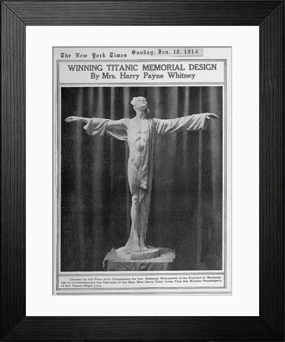 Framed Print : TITANIC: New York Times article featuring Winning Titanic Memorial Design by Mrs. Harry Payne Whitney