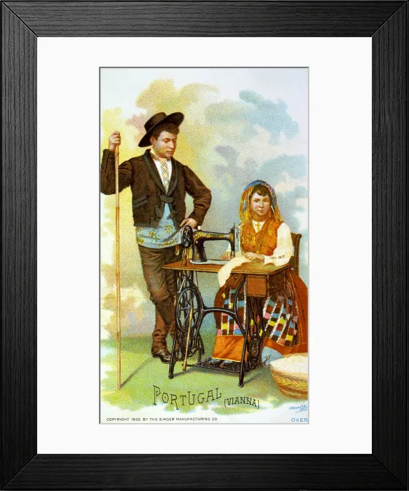 Framed Print : Chromolithograph depicting People from Portugal with a sewing machine, Singer sewing machine advertisement card from the World Columbian Exposition, Chicago, 1892 Framed Print : Chromolithograph depicting People from Portugal with a sewing machine, Singer sewing machine advertisement card from the World Columbian Exposition, Chicago, 1892