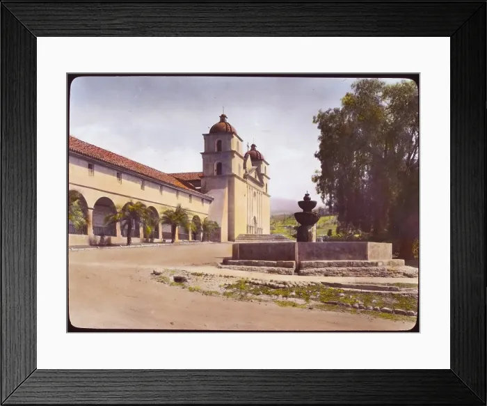 Framed Print : Santa Barbara Mission, 2201 Laguna Street, Santa Barbara, California. Fountain and entrance facade, 1927. Photo by Frances Benjamin Johnston