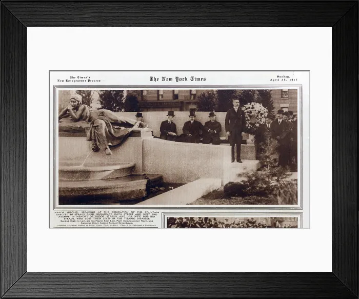 Framed Print : TITANIC: New York Times article showing Mayor Mitchel speaking at dedication of fountain erected at Straus Park 106th Street and West End Ave.)