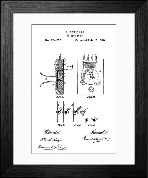 Framed Print : Early recording device: The Berliner microphone patent, 1880