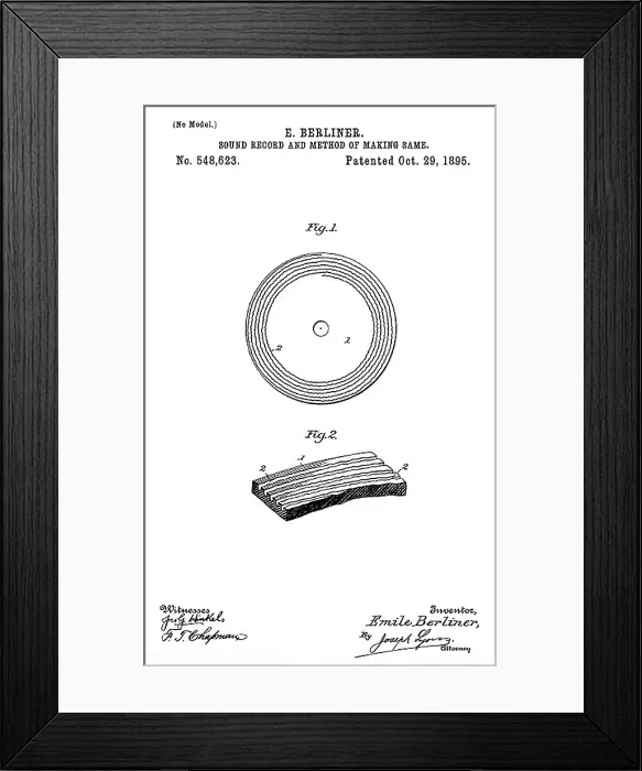 Framed Print : Early recording device: The Berliner gramophone detail of record grooves, patent, 1895 Framed Print : Early recording device: The Berliner gramophone detail of record grooves, patent, 1895