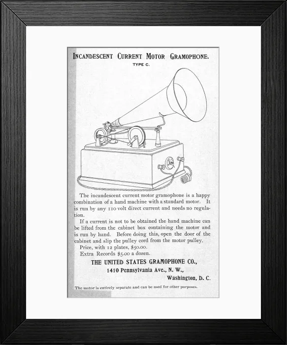 Framed Print : Gramophone advertisement, Incandescent Current Motor Gramophone, circa 1890s Framed Print : Gramophone advertisement, Incandescent Current Motor Gramophone, circa 1890s