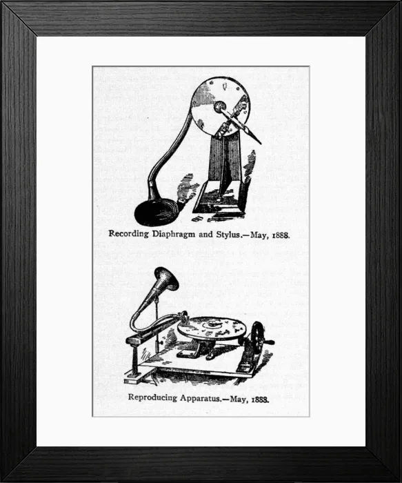 Framed Print : Early recording devices: top: recording diaphragm and stylus, bottom: reproducing apparatus, May, 1888