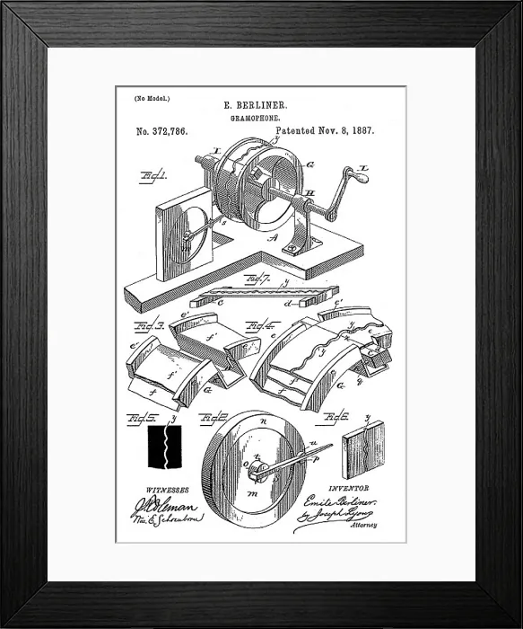 Framed Print : Early recording device: The Berliner Gramophone patent diagram, 1887 Framed Print : Early recording device: The Berliner Gramophone patent diagram, 1887