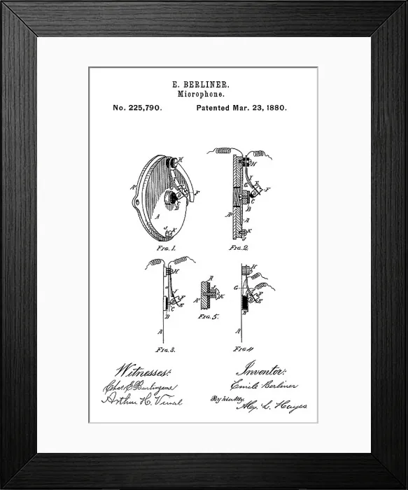 Framed Print : Early recording device: The Berliner microphone patent, 1880