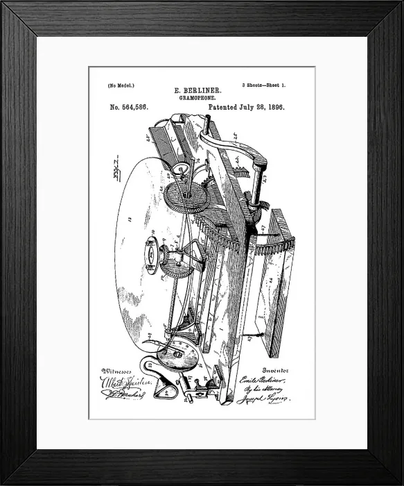 Framed Print : Early recording device: The Berliner gramophone detail patent, 1896 Framed Print : Early recording device: The Berliner gramophone detail patent, 1896