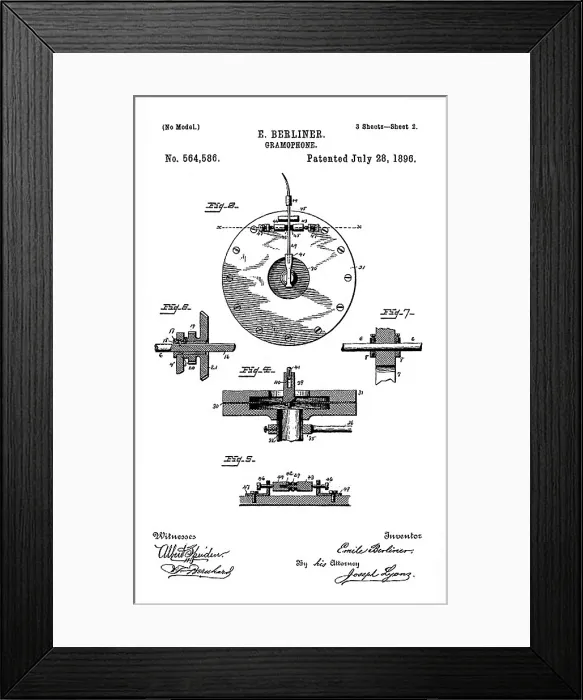 Framed Print : Early recording device: The Berliner gramophone detail patent, 1896
