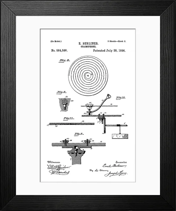 Framed Print : Early recording device: The Berliner gramophone detail of turntable, patent, 1896