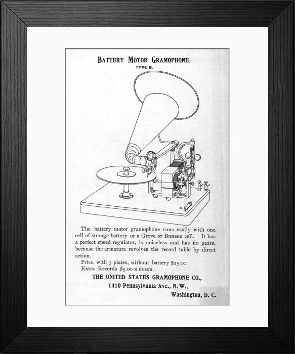 Framed Print : Gramophone advertisement, Battery Motor Gramophone, circa 1880s
