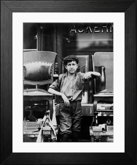 Framed Print : Frank Villanello, 21 Greenwich Avenue, Father's shoe-shine stand, New York City, photograph by Lewis Wickes Hine, July, 1910 Framed Print : Frank Villanello, 21 Greenwich Avenue, Father's shoe-shine stand, New York City, photograph by Lewis Wickes Hine, July, 1910