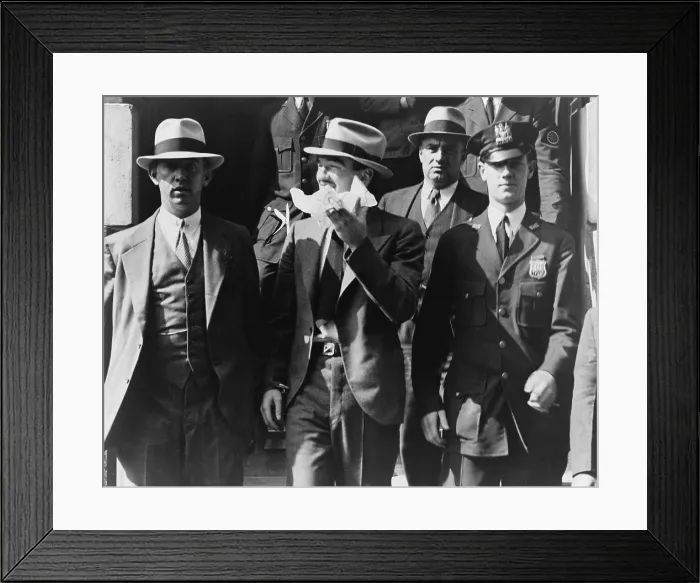 Framed Print : Vincent Coll (center with handkerchief) leaving homicide court surrounded by police officers