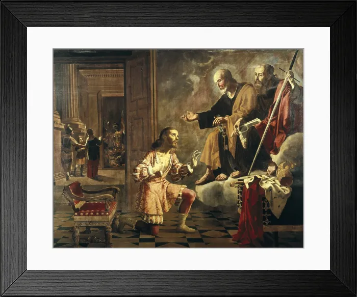Framed Print : ESPINOSA Y LLEO, Jeronimo Jacinto (1600-1667). Saint Peter the Apostle and Saint Paul appearing to Roman emperor Constantine I. Baroque art. Oil on canvas. SPAIN. Valencia