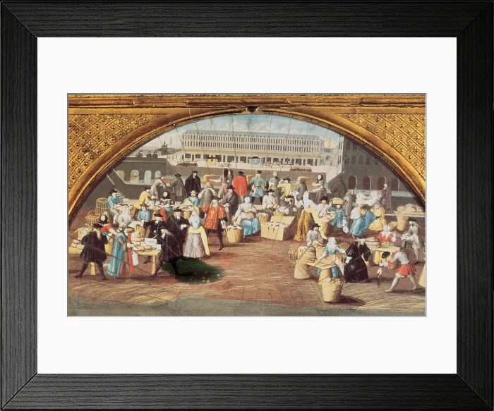 Framed Print : Bread and Poultry Market at Quai des Grands Augustins in Paris. Design for a fan c.1670. Gouache; Painting. FRANCE. Paris. Muse Carnavalet (Carnavalet Museum)