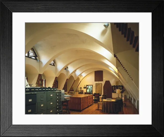 Framed Print : GAUDI i CORNET, Antoni (1852-1926). GUell Estate. SPAIN. Barcelona. GUell Estate. Interior of the old stable, rectangular room with transverse parabolic arches. Modernism