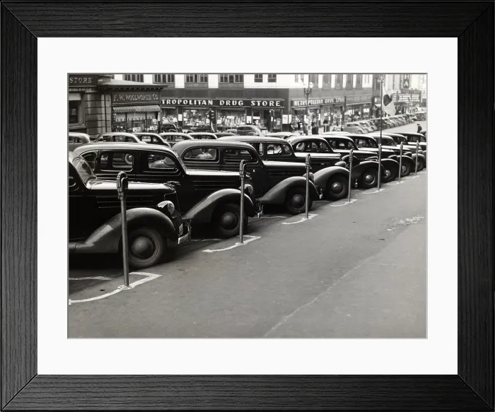 Framed Print : Cars parked diagonally along parking meters, Omaha, Nebraska, photograph by John Vachon, November, 1938 Framed Print : Cars parked diagonally along parking meters, Omaha, Nebraska, photograph by John Vachon, November, 1938