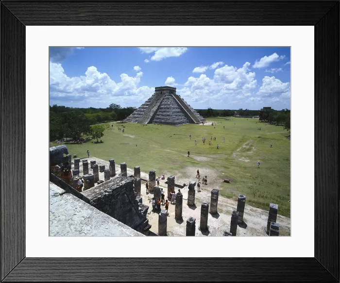 Framed Print : MEXICO. YUCATAN. Chichen ItzA. El Castillo, aka Chichen Itza (at the background) and the Thousand Columns. Maya art. - Iberfoto / Everett Collection (200581)**US SALES ONLY**
