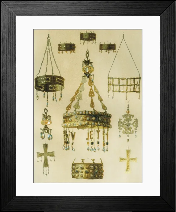 Framed Print : Treasure of Guarrazar. Set of Visigothic gold crowns and crosses (6th - 7th century). Engraving. SPAIN. Barcelona. Sant Jordi Catalan Royal Academy of Fine Arts