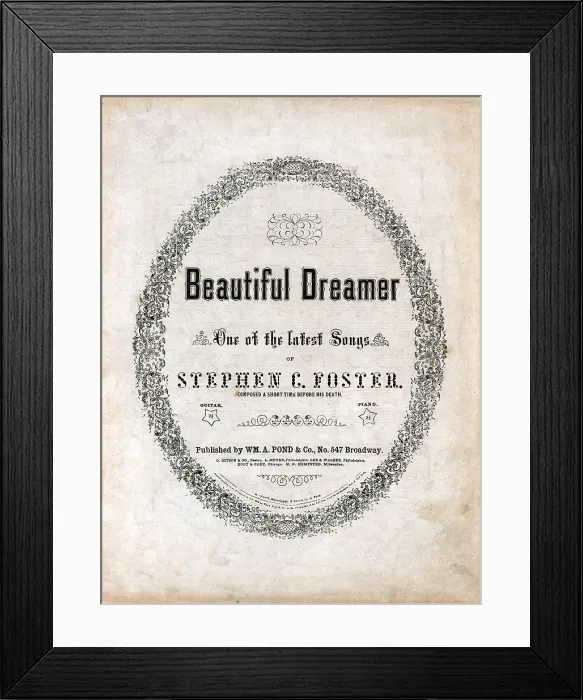 Framed Print : Beautiful Dreamer, by Stephen Foster, sheet music title page, 1864