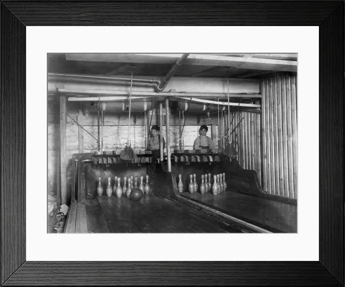 Framed Print : Child labor, pinboys at a bowling alley, original caption: Bowling Alleys, connected with Geo. P. Grays, Bastable Caf on Genesee St