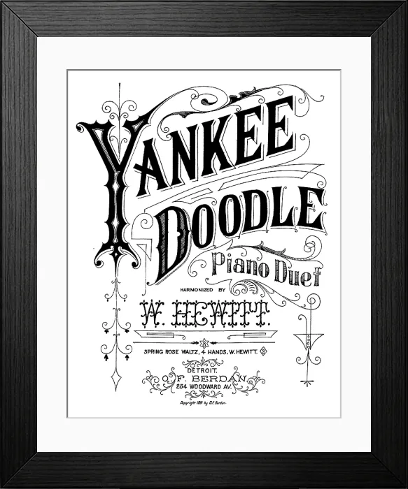 Framed Print : Yankee Doodle, patriotic American song, piano duet harmonized by W. Hewitt, sheet music, 1881