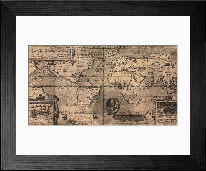 Framed Print : 1581 map by Nicola van Sype, showing the Drake circumnavigation (1577-80) as a dotted line Framed Print : 1581 map by Nicola van Sype, showing the Drake circumnavigation (1577-80) as a dotted line