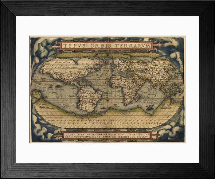 Framed Print : 1570 map of the World. Australia is depicted as a large south polar continent. From Abraham Ortelius atlas, 'Theatrvm orbis terrarvm.' Framed Print : 1570 map of the World. Australia is depicted as a large south polar continent. From Abraham Ortelius atlas, 'Theatrvm orbis terrarvm.'
